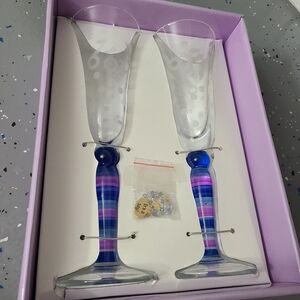 It's A Baby Boy Handblown Glass Champagne Flutes w Blue & Purple Striped Stems